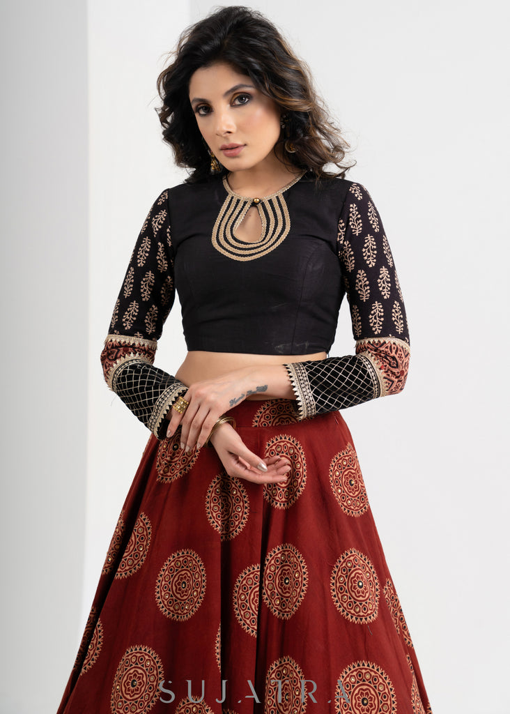Designer Maroon Ajrakh cotton Lehenga with Black Embroidered blouse & gerogette dupatta