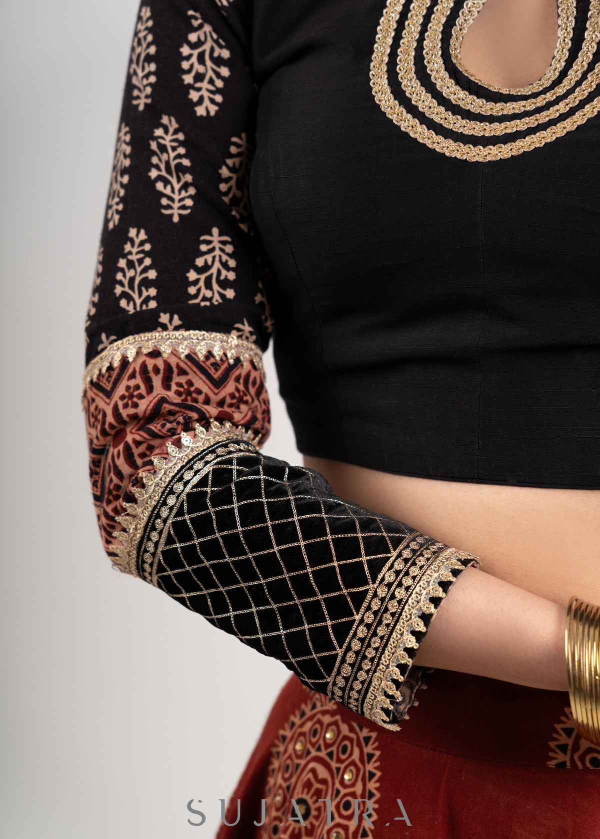 Dussehra Sale — Designer Maroon Ajrakh cotton Lehenga with Black Embroidered blouse & gerogette dupatta - Lehenga + Blouse + Jacket + Dupatta Set