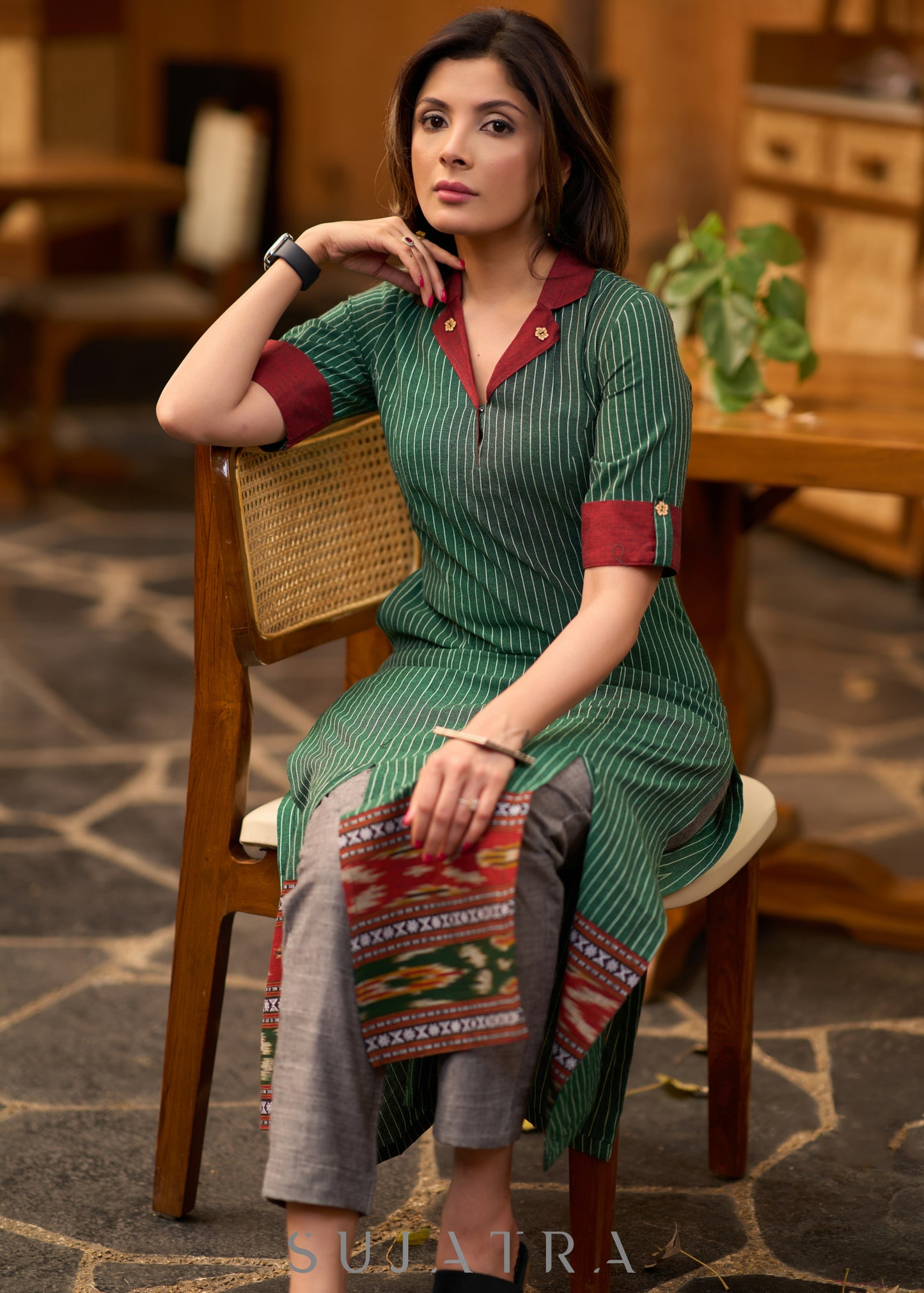 Classy green striped kurta with ikat border Pant optional