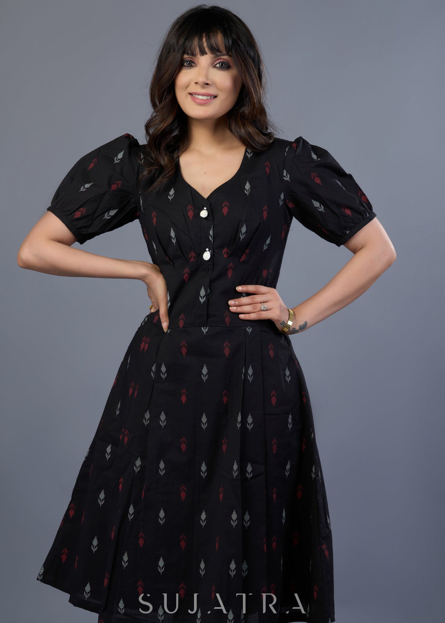 Smart Black Cotton Printed Dress