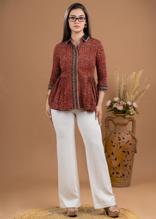 Beautiful Maroon cotton Ajrakh peplum style combination shirt