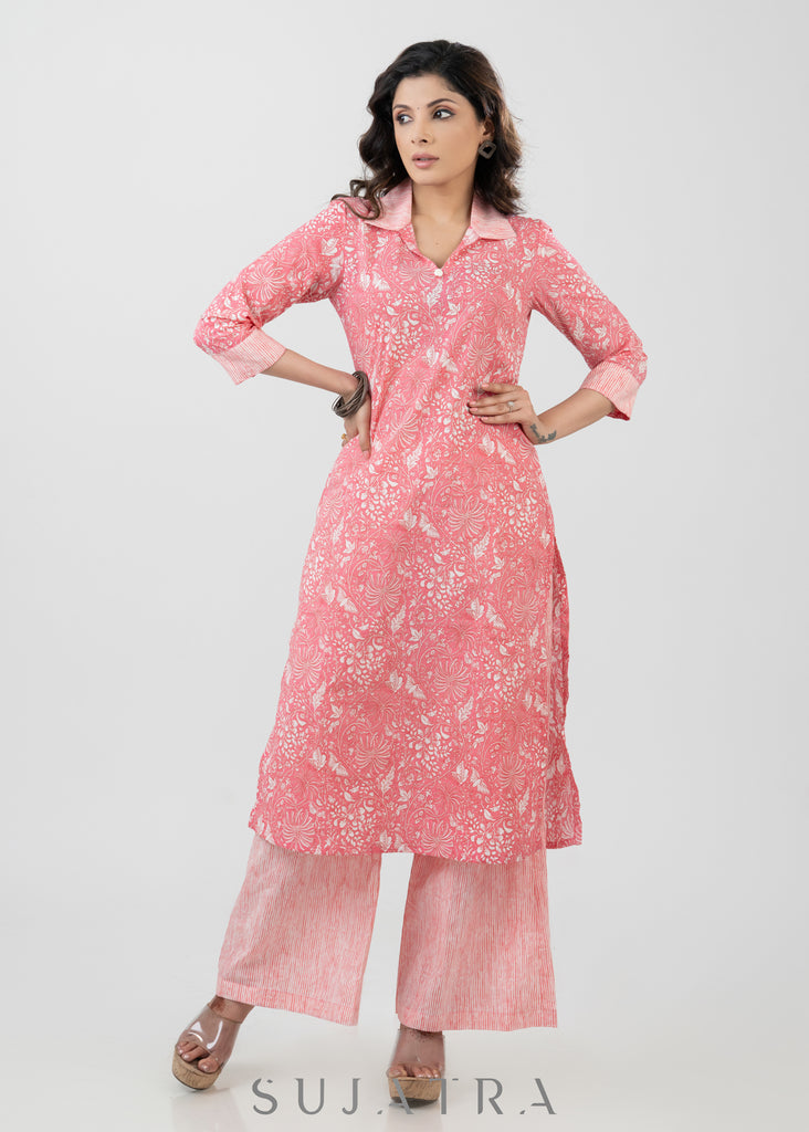 Soothing Pink Cotton Printed Kurta-Pant Optional