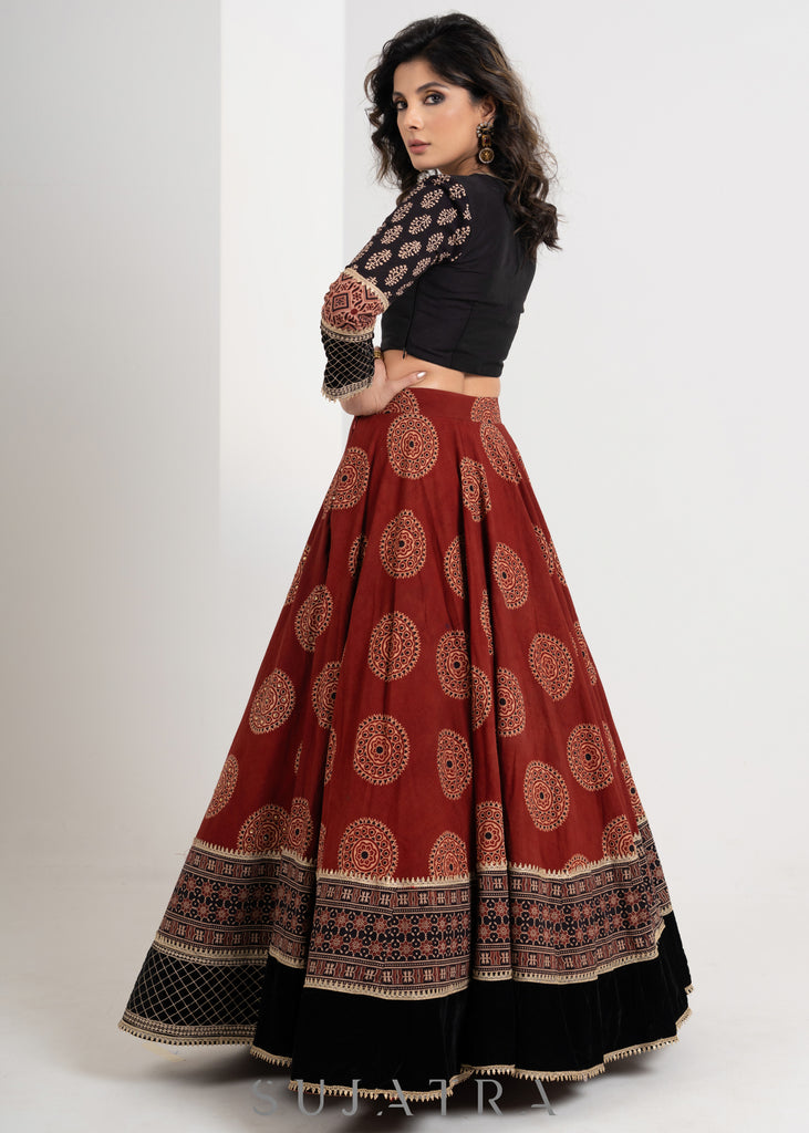 Designer Maroon Ajrakh cotton Lehenga with Black Embroidered blouse & gerogette dupatta