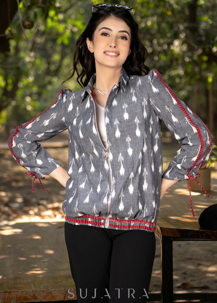 Stylish grey cotton ikat bomber jacket with red highlights