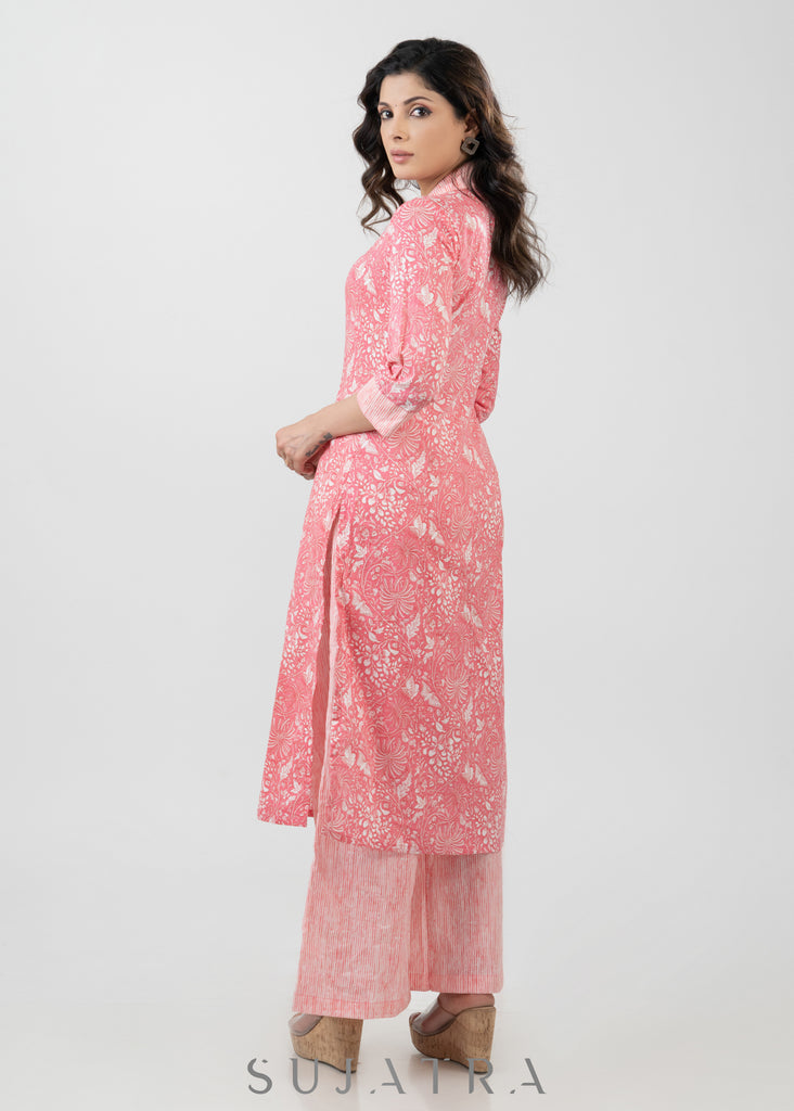 Soothing Pink Cotton Printed Kurta-Pant Optional
