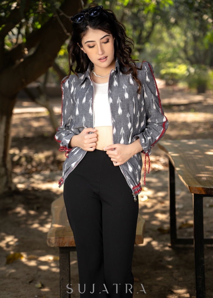 Stylish grey cotton ikat bomber jacket with red highlights