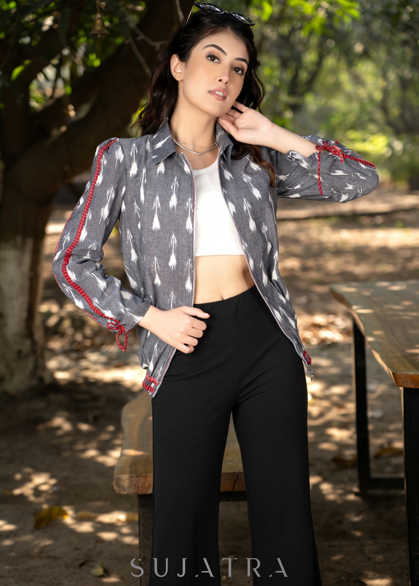 Stylish grey cotton ikat bomber jacket with red highlights