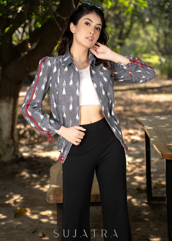 Stylish grey cotton ikat bomber jacket with red highlights