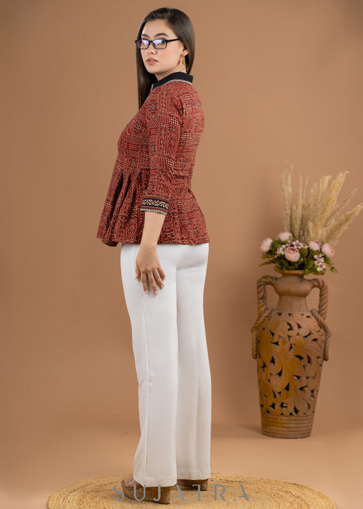 Beautiful Maroon cotton Ajrakh peplum style combination shirt