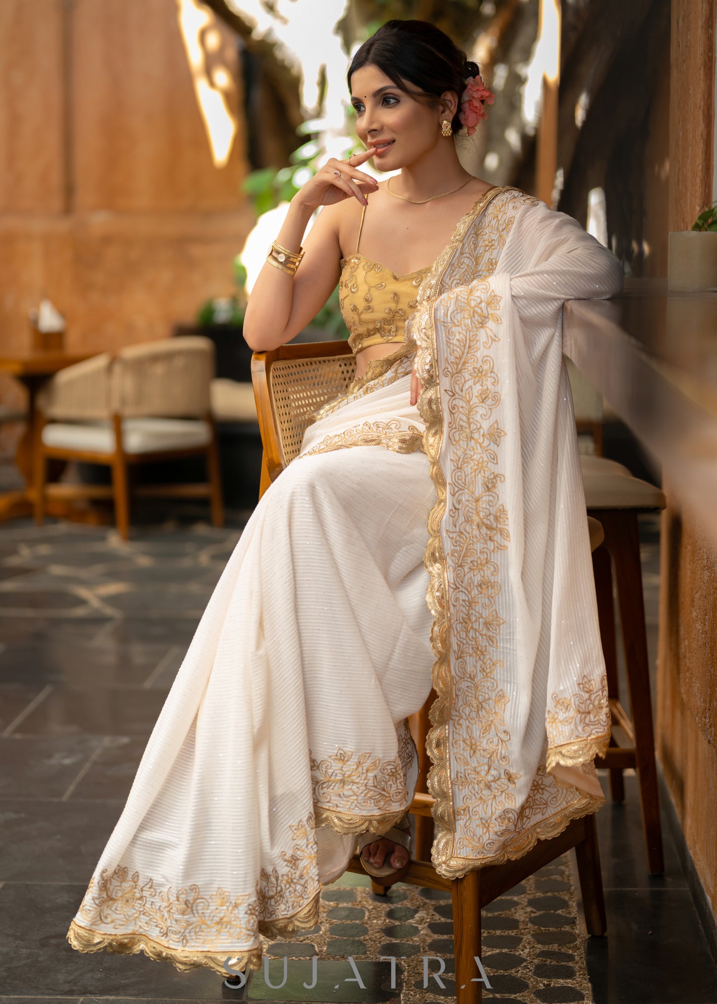 Subtle White Georgette Saree With Beautiful Sequenced Crochet Highlighted With Intricate Floral Embroidery And Scalloped Lace
