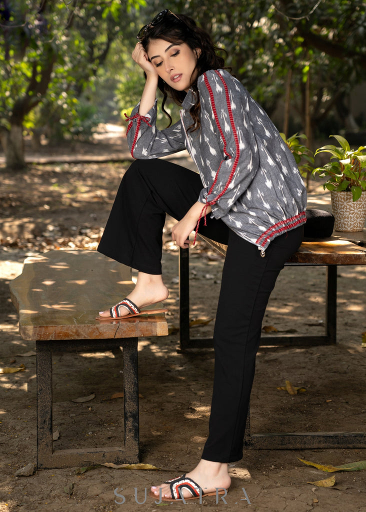 Stylish grey cotton ikat bomber jacket with red highlights