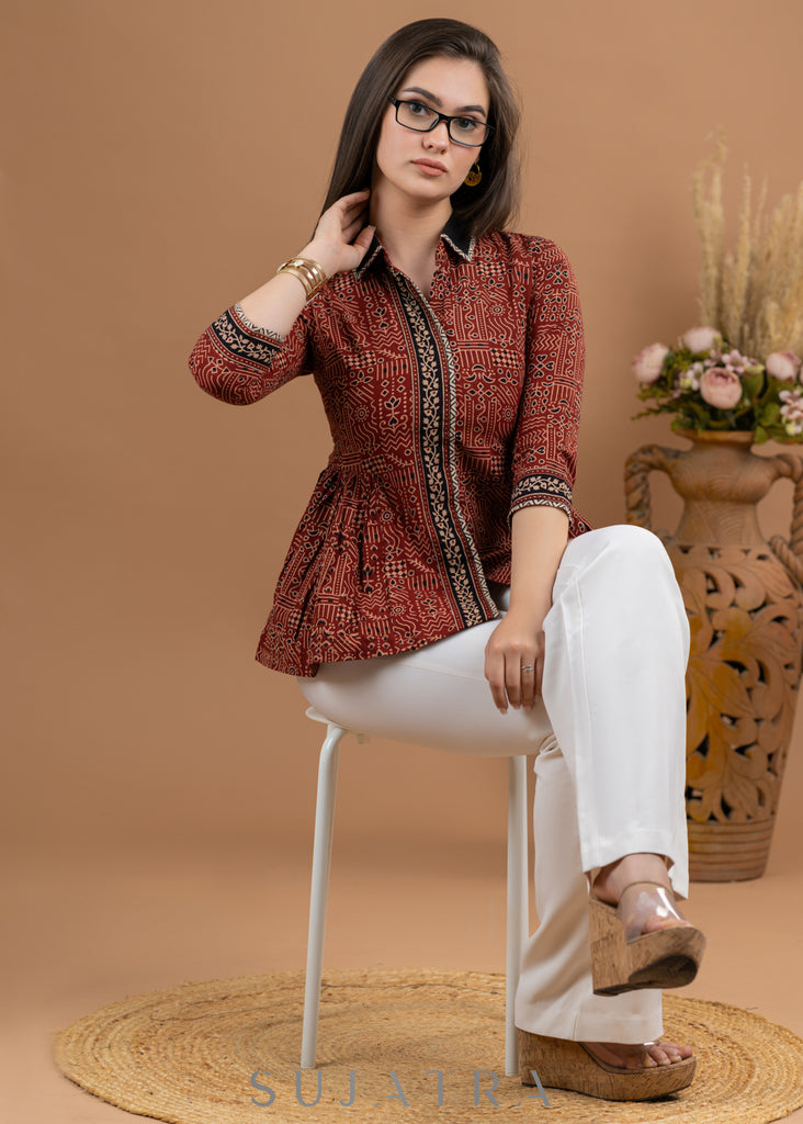 Dussehra Sale — Beautiful Maroon cotton Ajrakh peplum style combination shirt