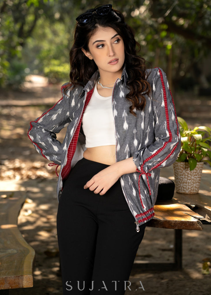 Stylish grey cotton ikat bomber jacket with red highlights
