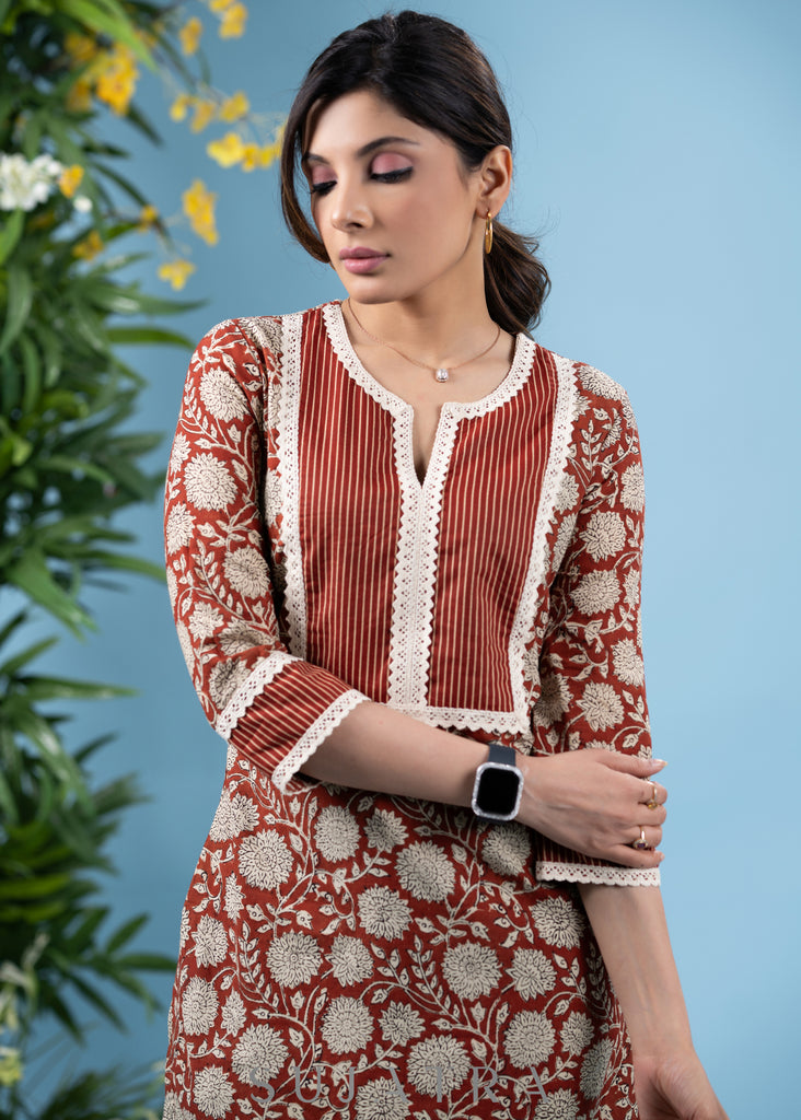 Classy rust brown cotton printed tunic with highlighted yoke