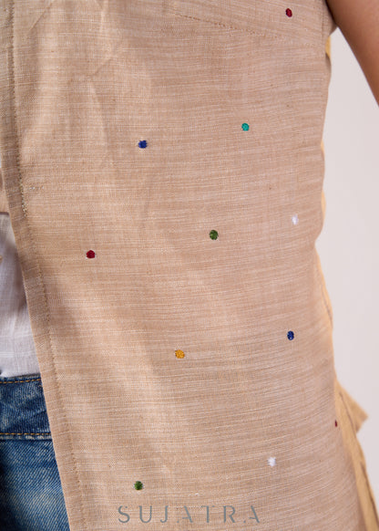 Light beige cotton top with dots embroidery with front tie-up & Inner