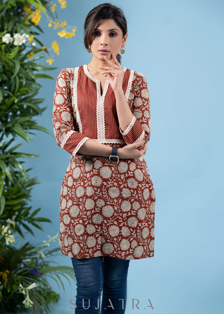 Classy rust brown cotton printed tunic with highlighted yoke