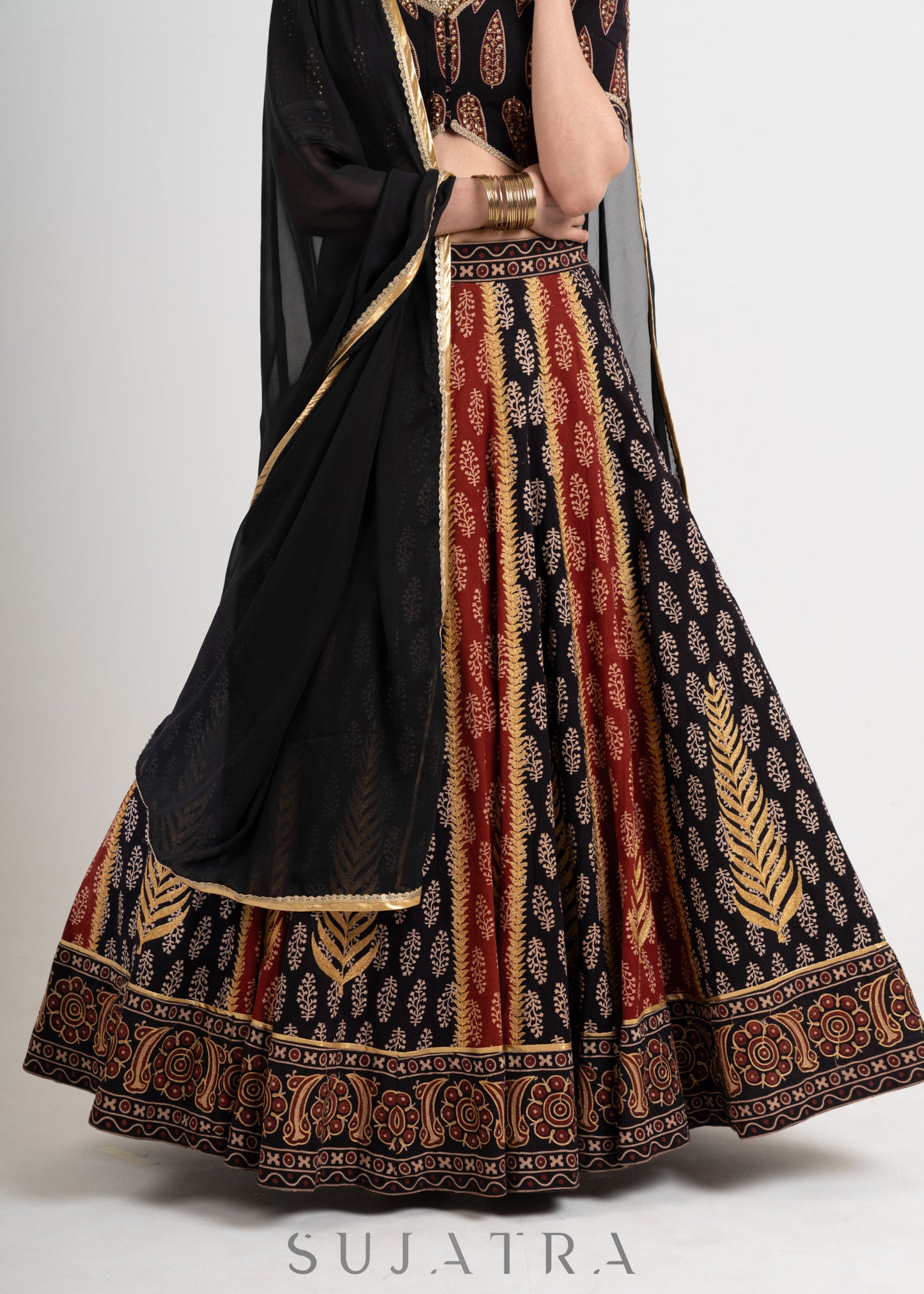 Black & Maroon  Block printed Cotton Ajrakh Embroidered Lehenga with Georgette Dupatta
