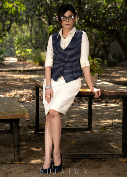 Elegant navy blue checkered cotton formal waistcoat - Formal skirt optional