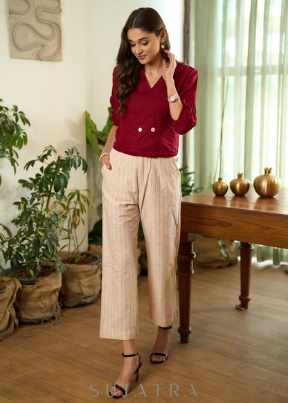 Smart maroon rayon crossover pattern top with puff sleeves - Contrast striped pant Optional