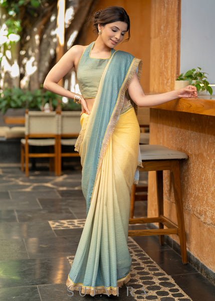 Graceful Yellowish Green Ombre Georgette Saree With Overall Sequenced Crochet Highlighted With Elegant Laces