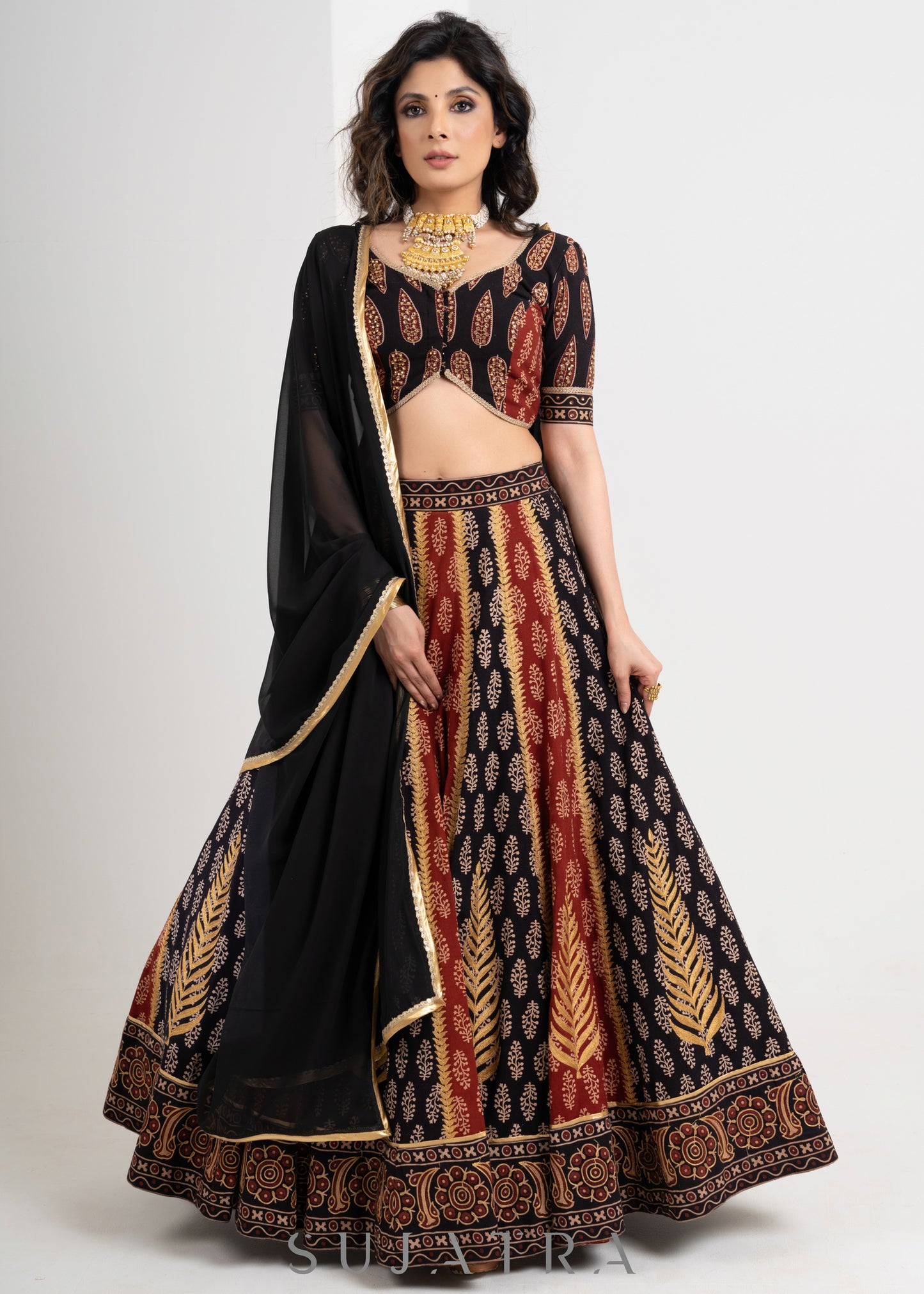 Black & Maroon  Block printed Cotton Ajrakh Embroidered Lehenga with Georgette Dupatta