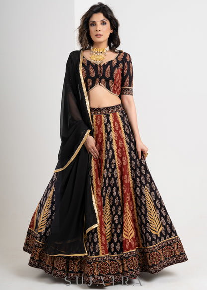 Black & Maroon  Block printed Cotton Ajrakh Embroidered Lehenga with Georgette Dupatta