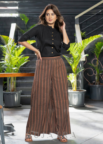 Classy Zig Zag Ajrakh Flared Pants Black Shirt Optional