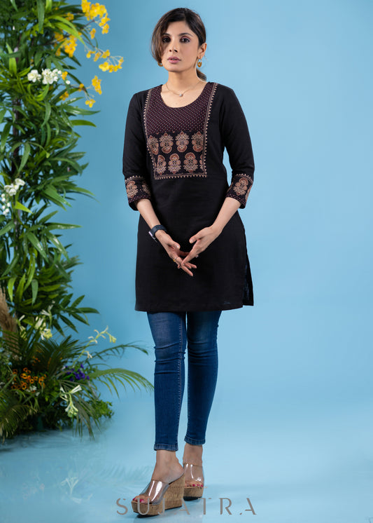 Elegant black cotton tunic with highighted ajrakh combination yoke