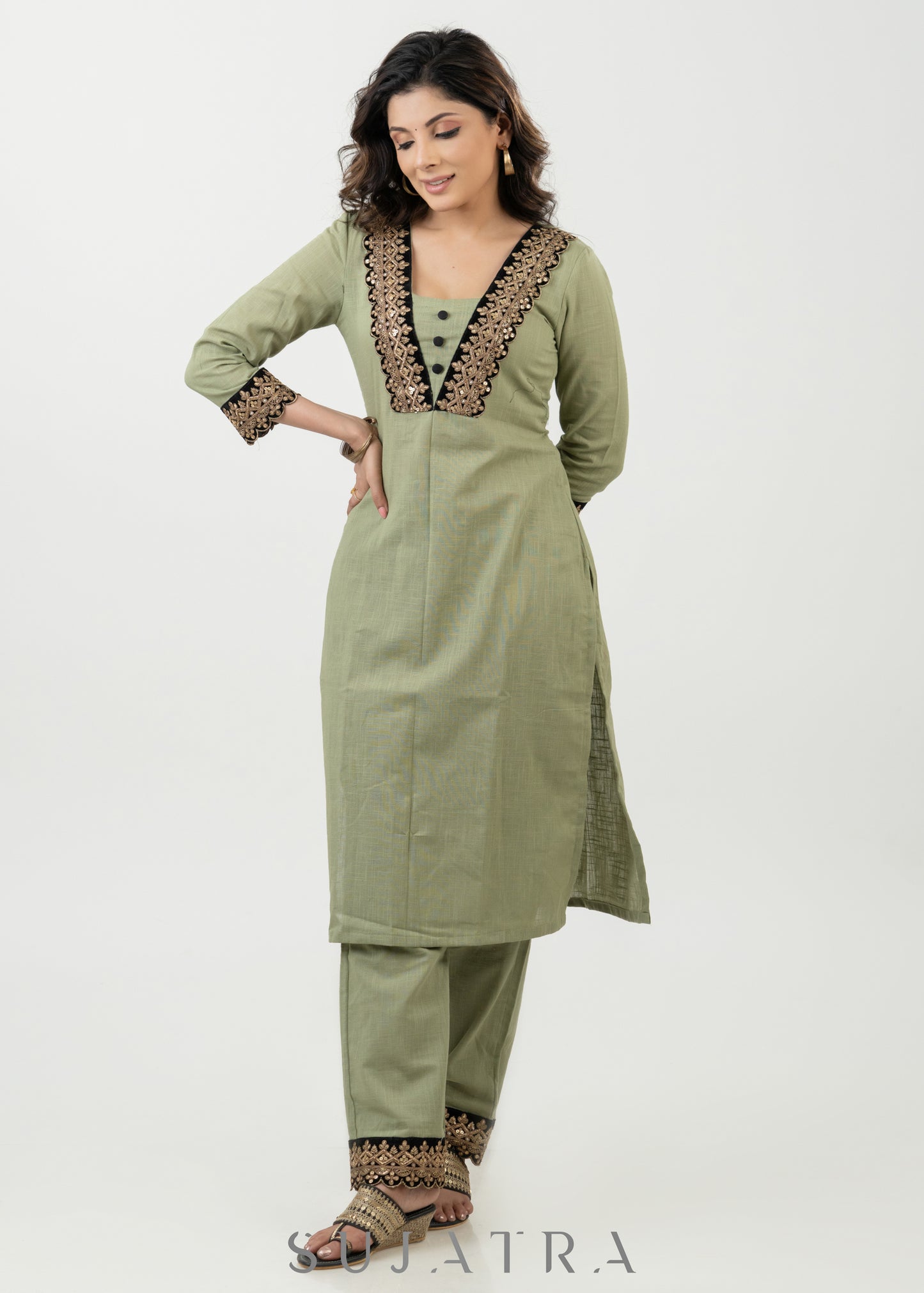 Pale Pista Cotton Kurta With Embroidered Lace In The Yoke - Pant Optional