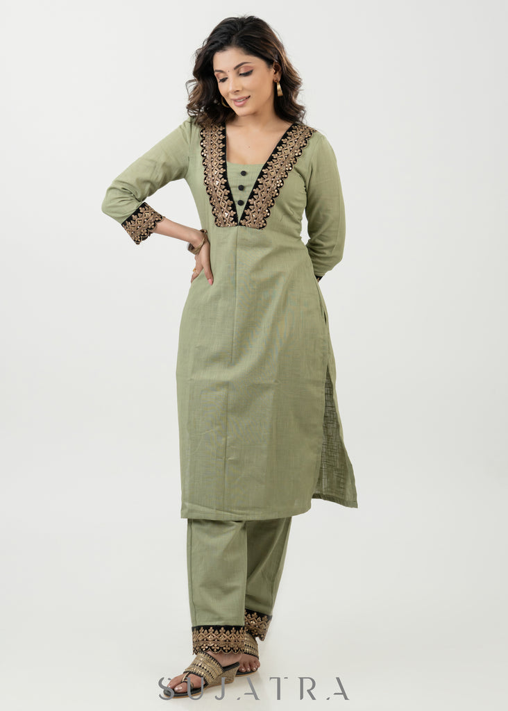 Pale Pista Cotton Kurta With Embroidered Lace In The Yoke - Pant Optional
