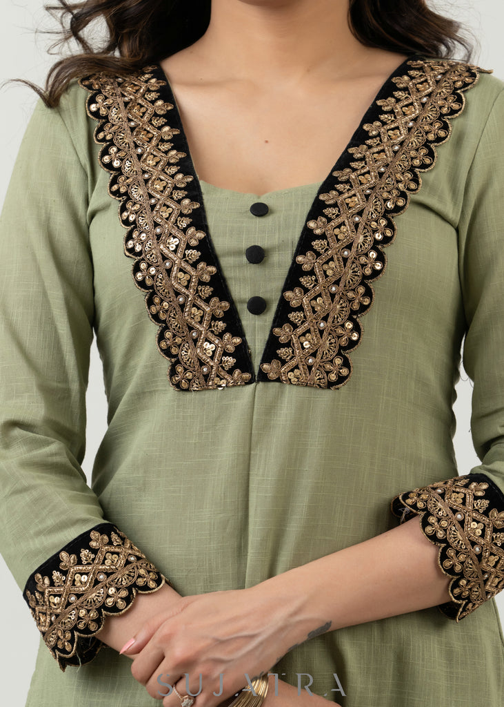 Pale Pista Cotton Kurta With Embroidered Lace In The Yoke - Pant Optional
