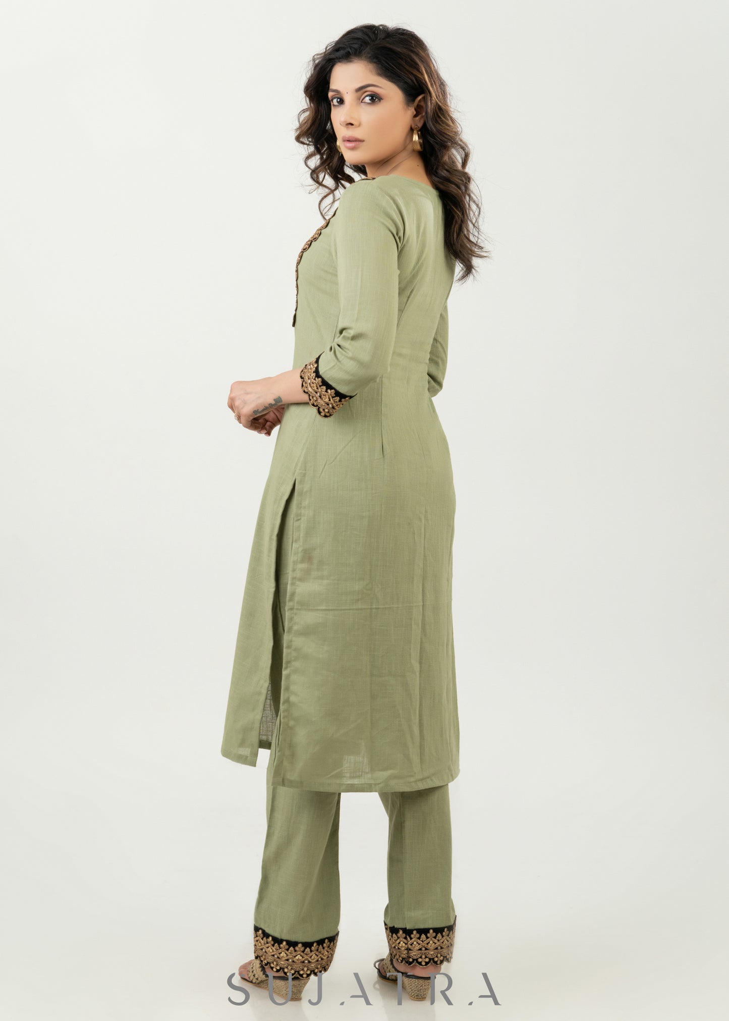 Pale Pista Cotton Kurta With Embroidered Lace In The Yoke - Pant Optional