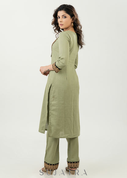Pale Pista Cotton Kurta With Embroidered Lace In The Yoke - Pant Optional