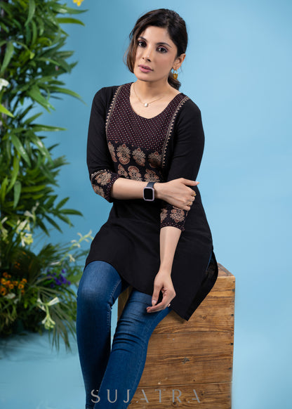 Elegant black cotton tunic with highighted ajrakh combination yoke