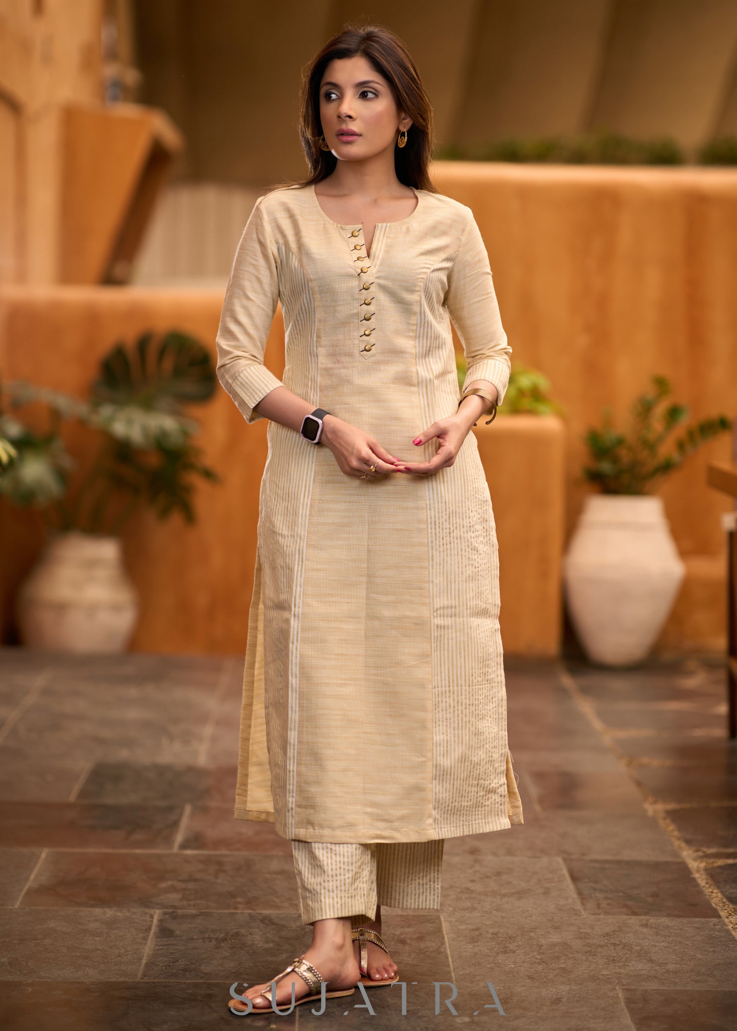 Elegant beige & striped princess cut kurta with metalic buttons -  Pant optional