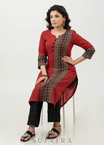 Casual Maroon Cotton Ajrak Combination Kurta - Pant Optional