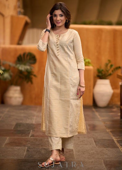 Elegant beige & striped princess cut kurta with metalic buttons -  Pant optional