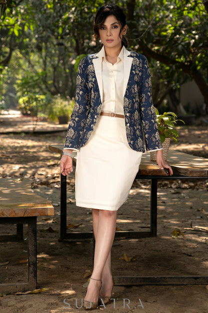 Stylish navy blue cotton floral kantha semi formal blazer  - Skirt optional