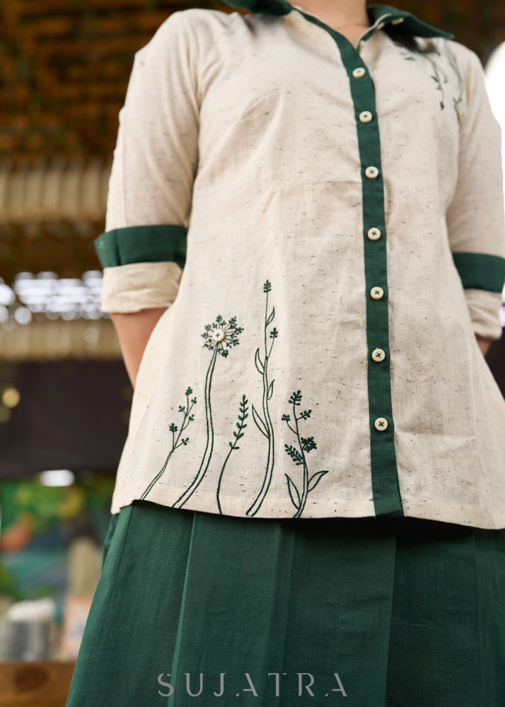 Elegant Off-white cotton shirt with bottle green detailing - Skirt Optional
