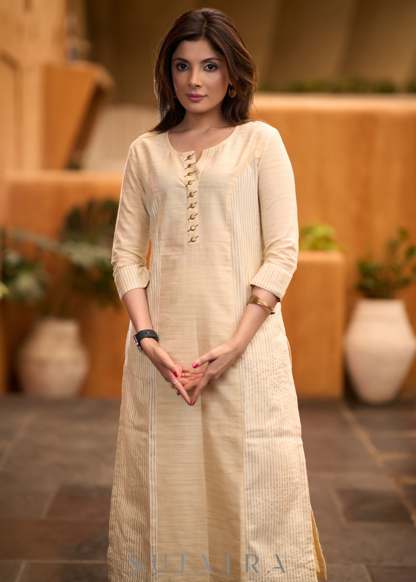 Elegant beige & striped princess cut kurta with metalic buttons -  Pant optional