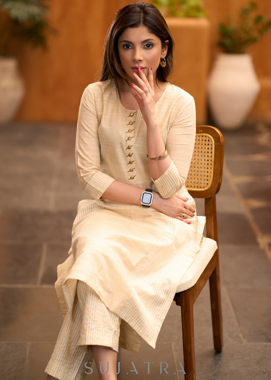 Elegant beige & striped princess cut kurta with metalic buttons -  Pant optional