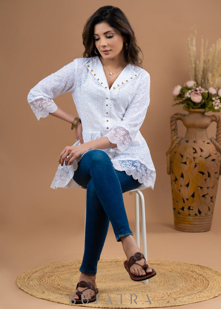 Dussehra Sale — Elegant white Hakoba pleated top