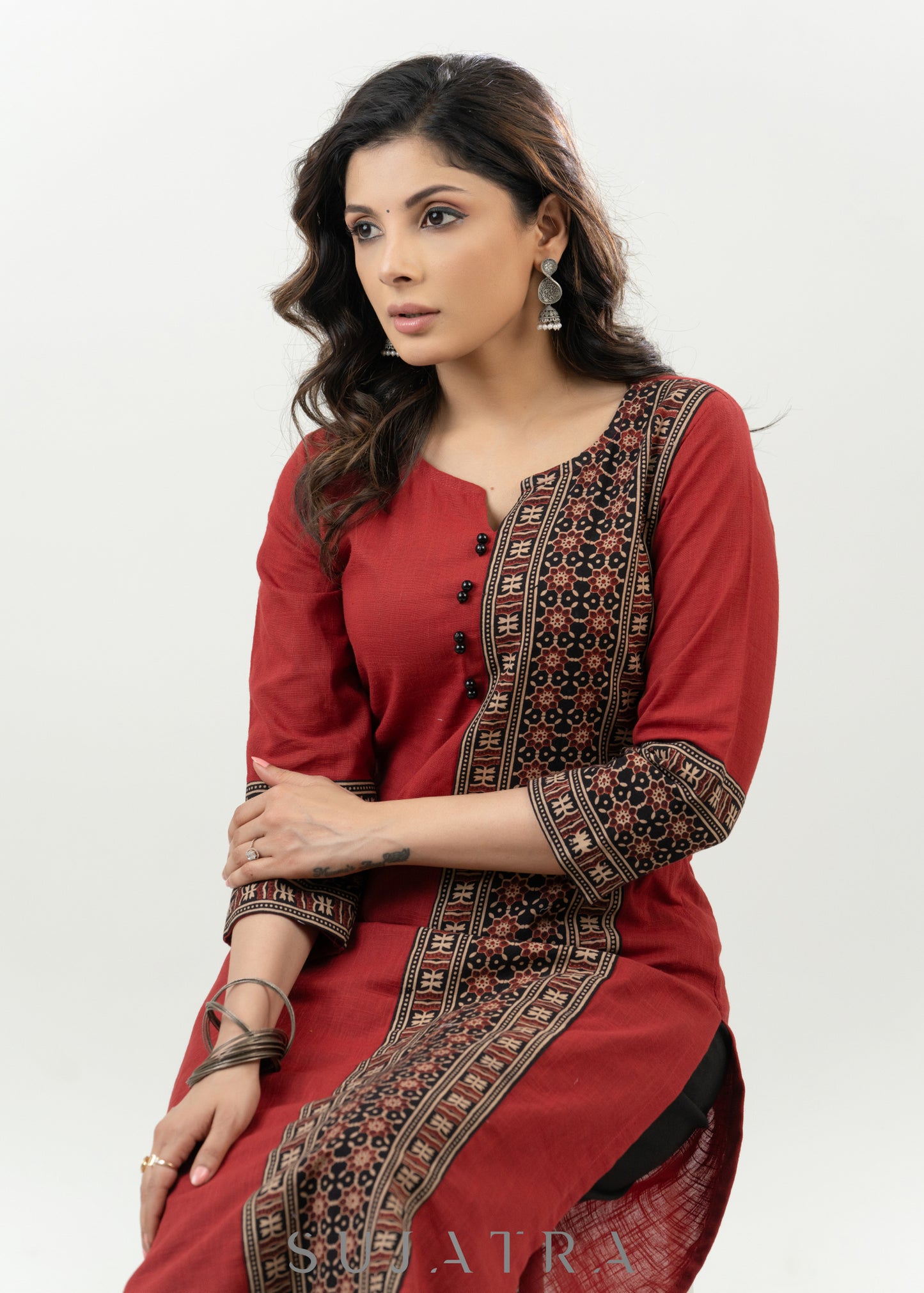 Casual Maroon Cotton Ajrak Combination Kurta - Pant Optional