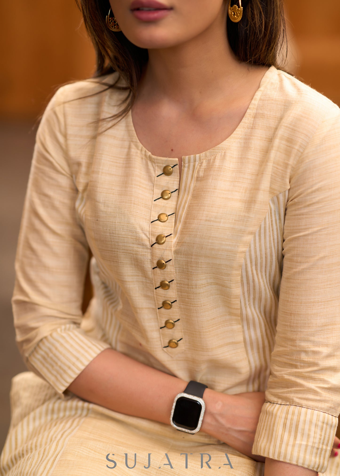 Elegant beige & striped princess cut kurta with metalic buttons -  Pant optional