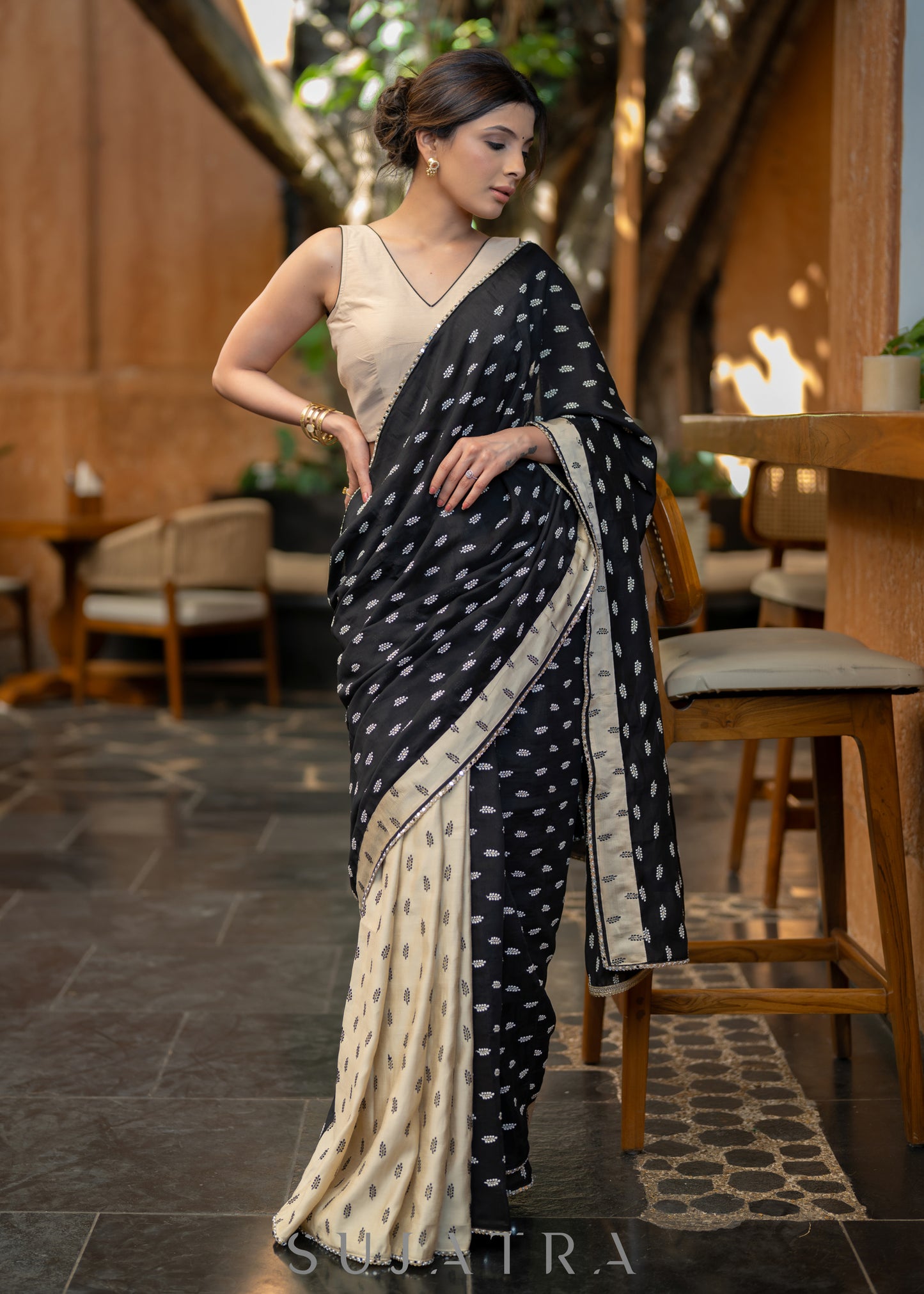 Elegant Black & Beige Combination Cotton Silk Saree With Overall Floral Motif Embroidery
