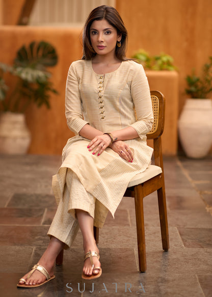 Elegant beige & striped princess cut kurta with metalic buttons -  Pant optional
