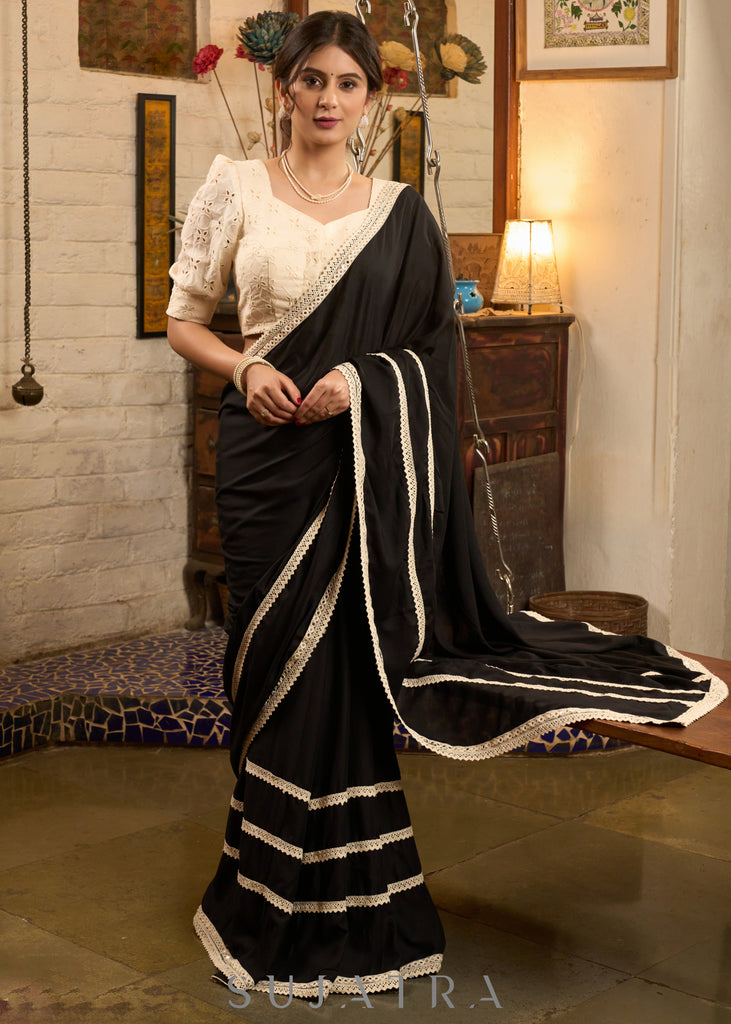 Beautiful Black modal cotton saree highlighted with beautiful crochet laces