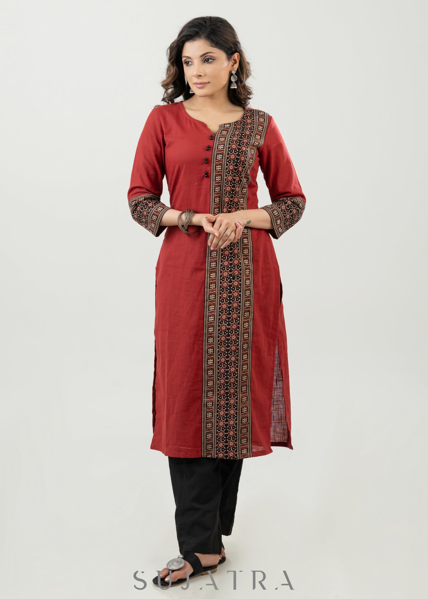 Casual Maroon Cotton Ajrak Combination Kurta - Pant Optional