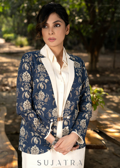 Stylish navy blue cotton floral kantha semi formal blazer  - Skirt optional