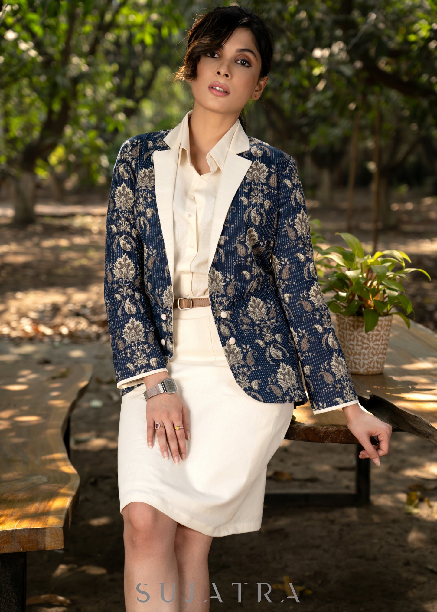 Stylish navy blue cotton floral kantha semi formal blazer  - Skirt optional